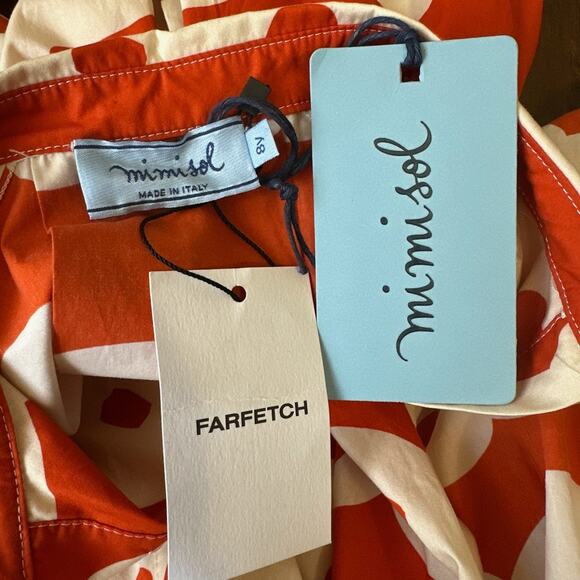 MIMISOL Long Shirt Dress Orange White Abstract Pleated Cotton Artsy NWT - Picture 8 of 12